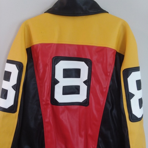 8 Ball Jacket Mens Retro Style Bomber Full Zip Red Yellow Black Faux Leather Lg - Picture 12 of 16